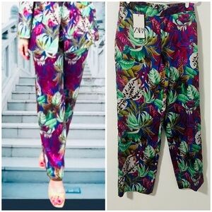 ZARA Medium Satin Effect Tropical Print Wide Leg Pants Side Zip Colorful NWT